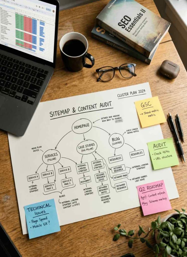 SEO sitemap and content cluster audit planning on a desk
